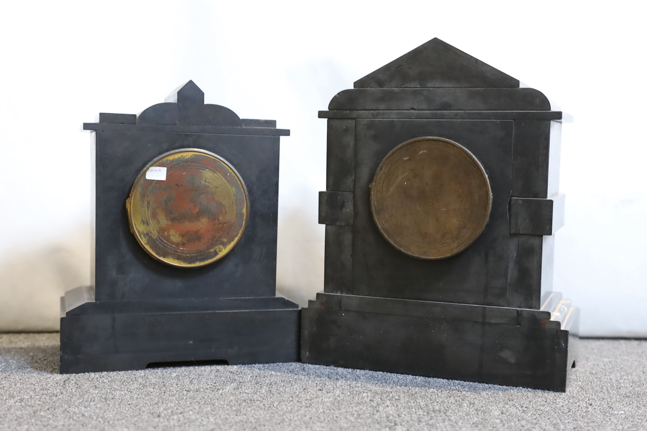 Two Victorian marble and black slate mantel clocks, tallest 32cm